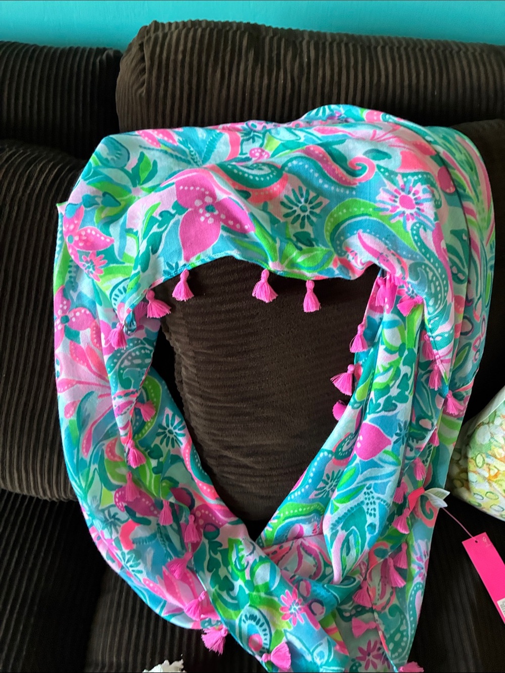Lilly Pulitzer Pink & Teal Floral Tassel scarf. Shawl - Picture 4 of 4